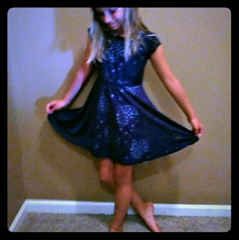 Girl's Dark Blue Dress with Light Blue Star Decals
